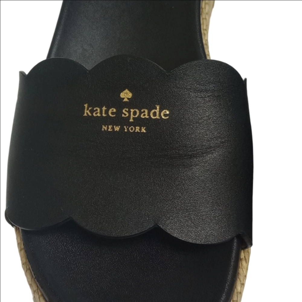 ♠️ KATE SPADE "ZEST" BLACK LEATHER ESPADRILLES SLIDES WITH FRONT GOLD LOGO - Picture 4 of 10